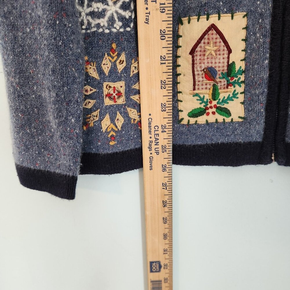 OHI Folk Christmas Sweater Full Zip Country Birds Patriotic US Flag Large EUC - Picture 13 of 16